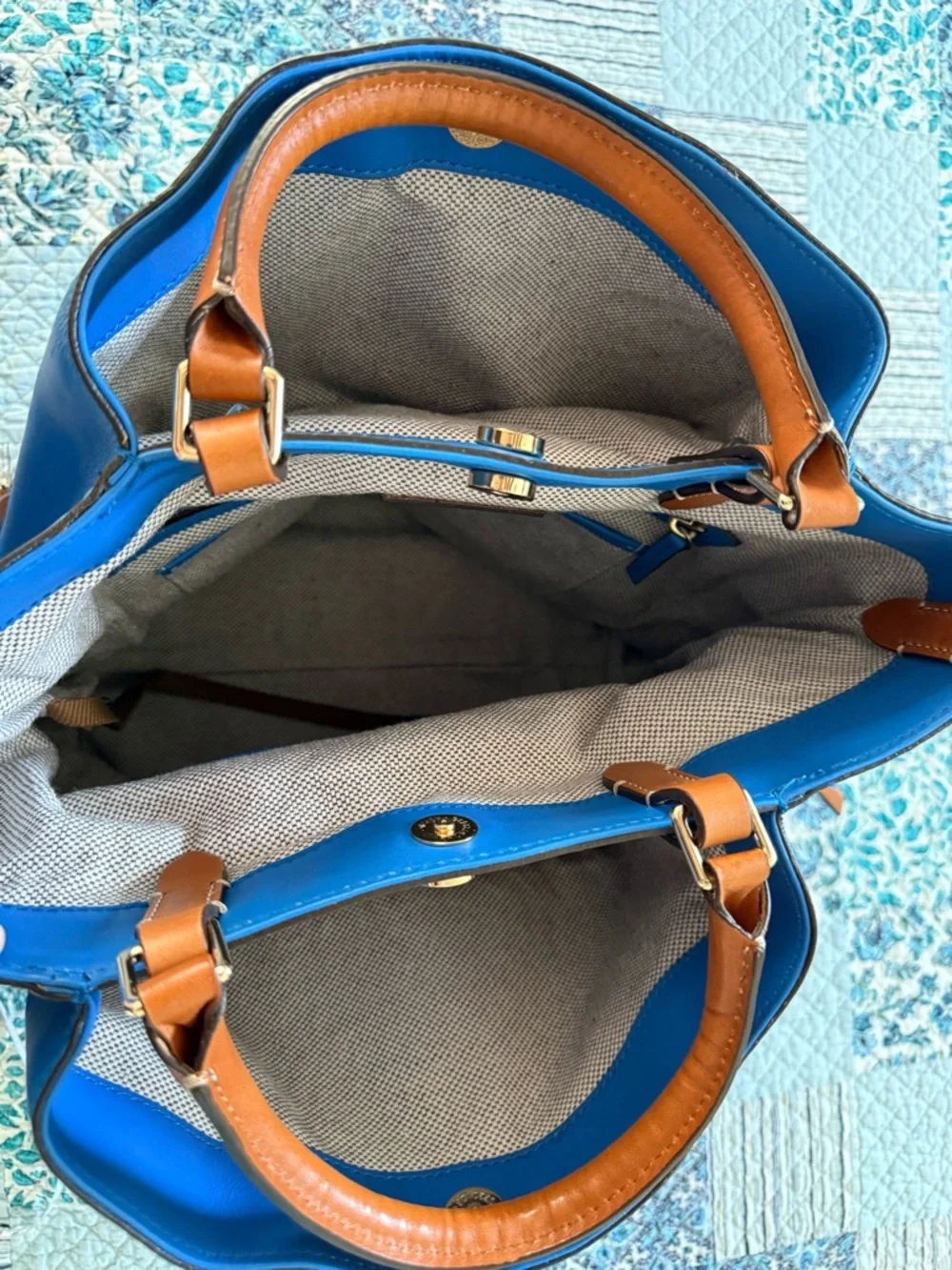 Dooney & Bourke Blue Leather Tote with Brown Trim - Picture 7 of 16